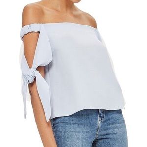Topshop Off Shoulder Tie Sleeve Blouse Blue